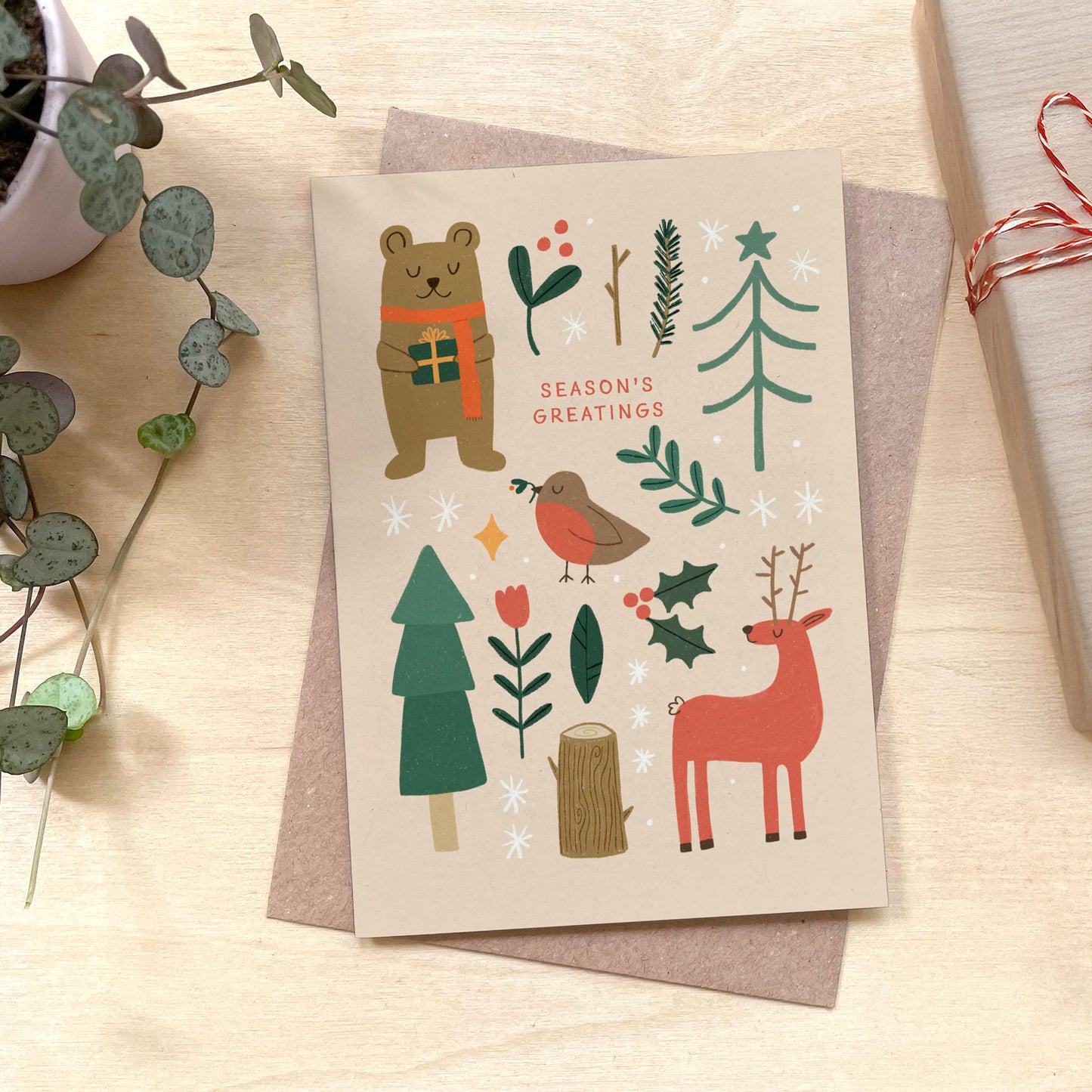 Seasons Greetings Folky Christmas Recycled Coffee Cup Card