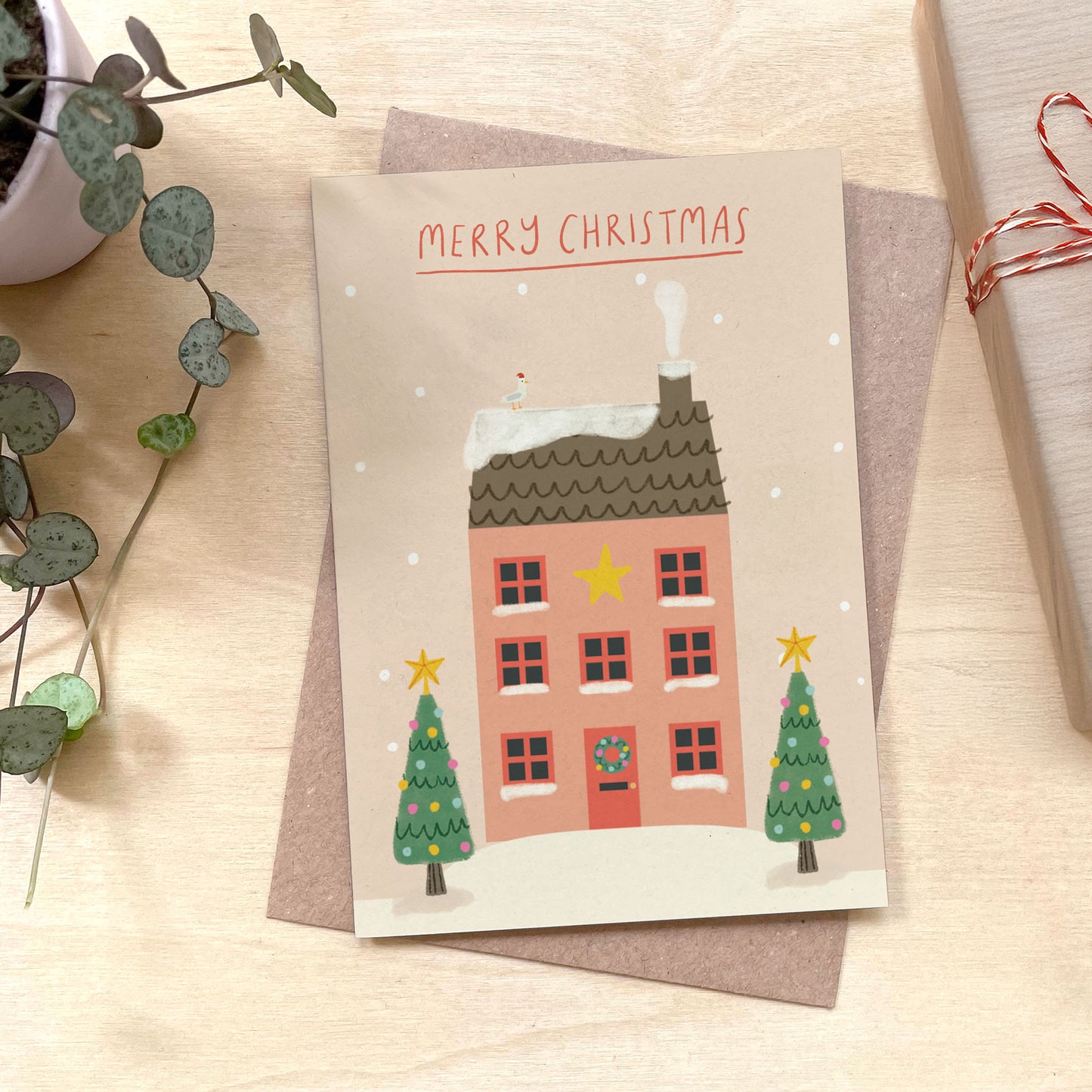 Christmas House Recycled Coffee Cup Card