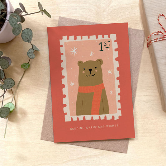 Bear Stamp Christmas Recycled Coffee Cup Card