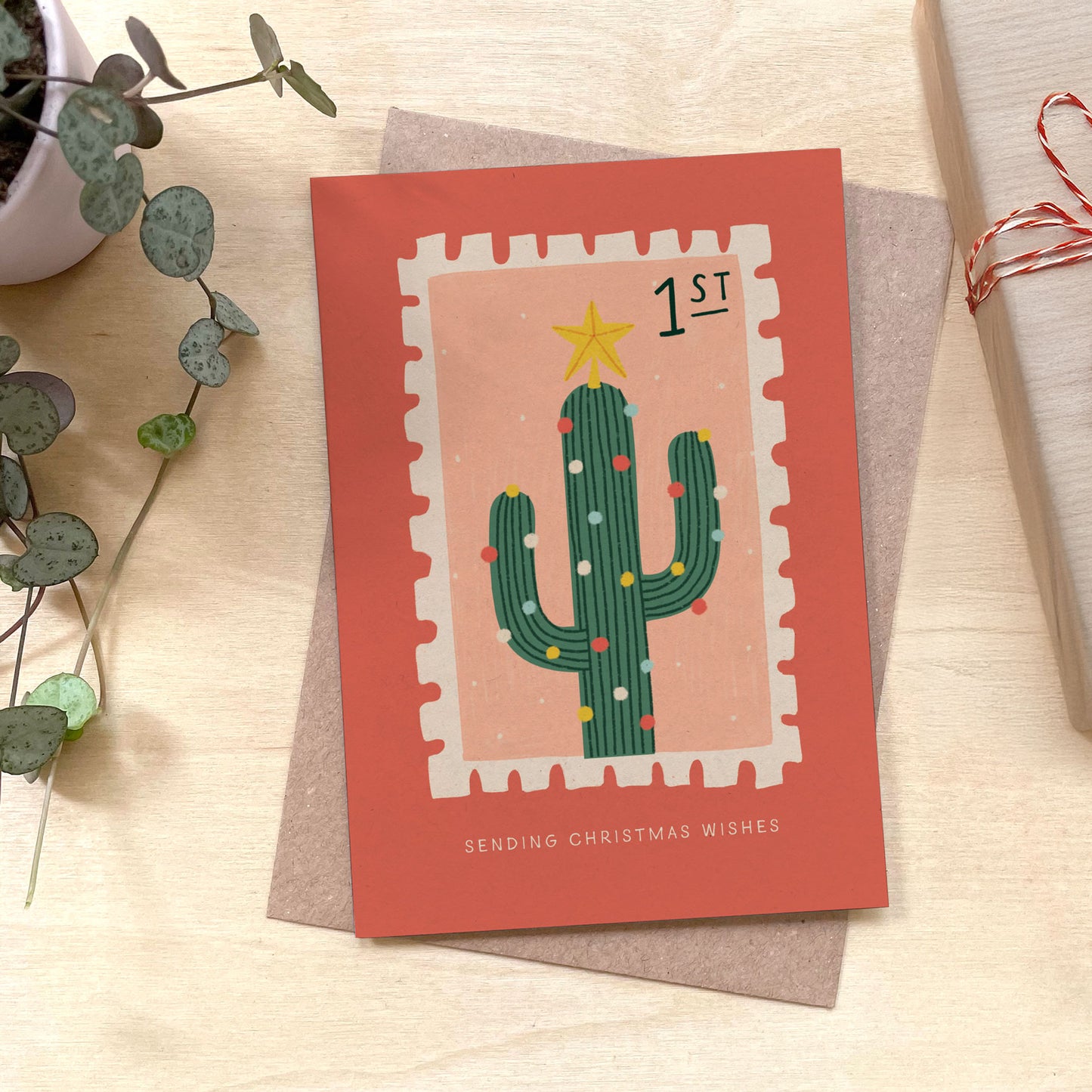 Cactus Stamp Christmas Recycled Coffee Cup Card