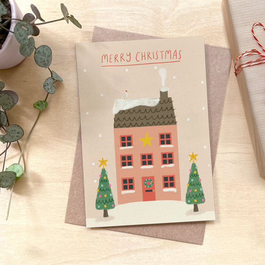 Christmas House Recycled Coffee Cup Card