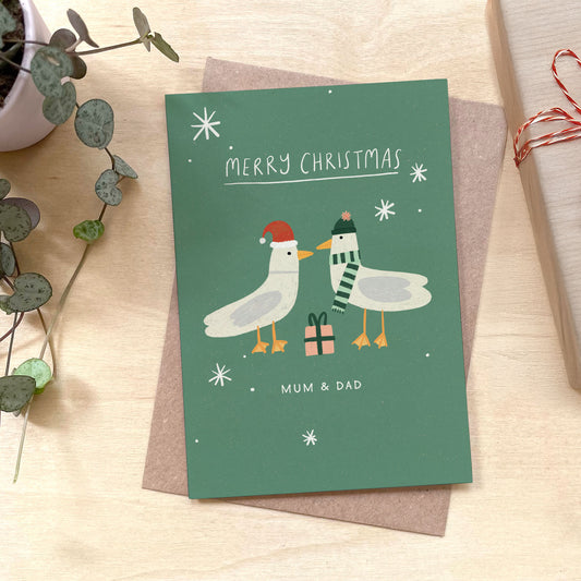 Mum & Dad Seagull Christmas Recycled Coffee Cup Card
