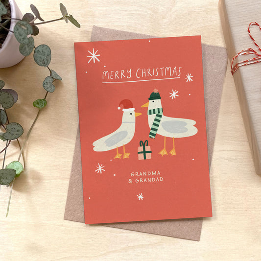 Seagull Grandparents Christmas Recycled Coffee Cup Card