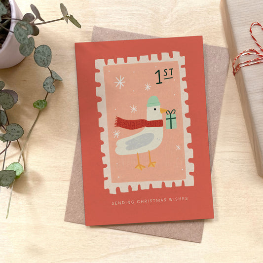 Seagull Stamp Christmas Recycled Coffee Cup Card
