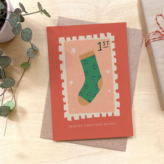Christmas Sock Stamp Recycled Coffee Cup Card
