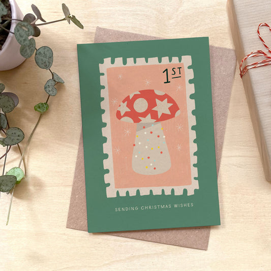 Toadstool Stamp Christmas Recycled Coffee Cup Card